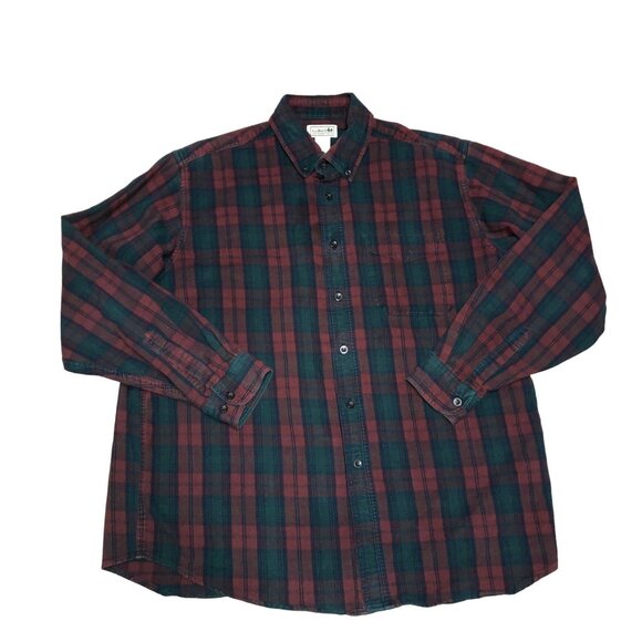 RED BLUE PLAID FLANNEL SHIRT SIZE L TALL L.L. BEAN 100% COTTON OUTDOOR GRUNGE ME - Picture 1 of 4